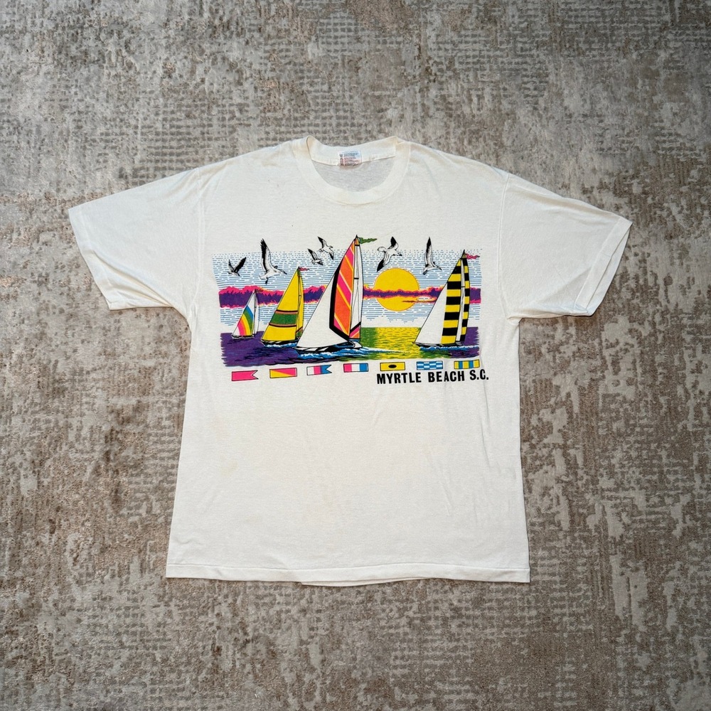 Vintage 90s Hanes Myrtle Beach SC Sailboats Beach Nature Bright Colored T-Shirt